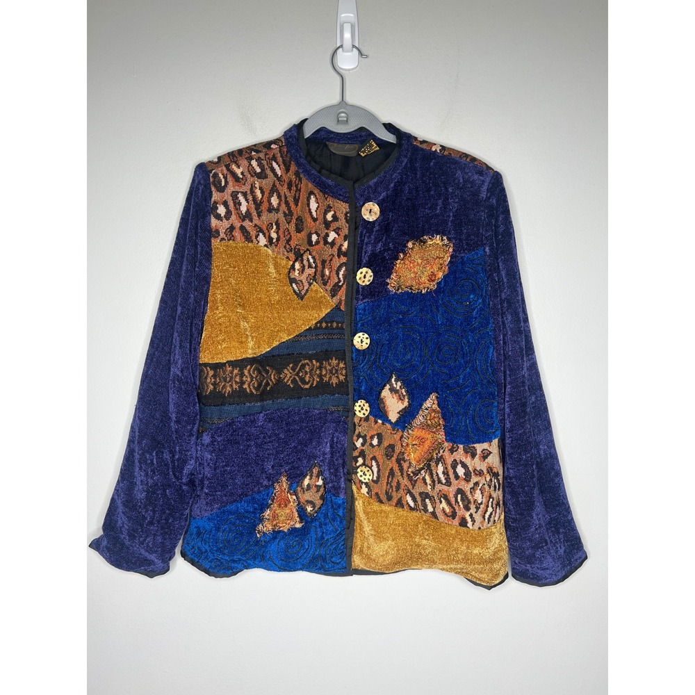 VTG 90s Julia Kim Velvet Tapestry Jacket Leopard Patchwork Wearable Art L Artsy